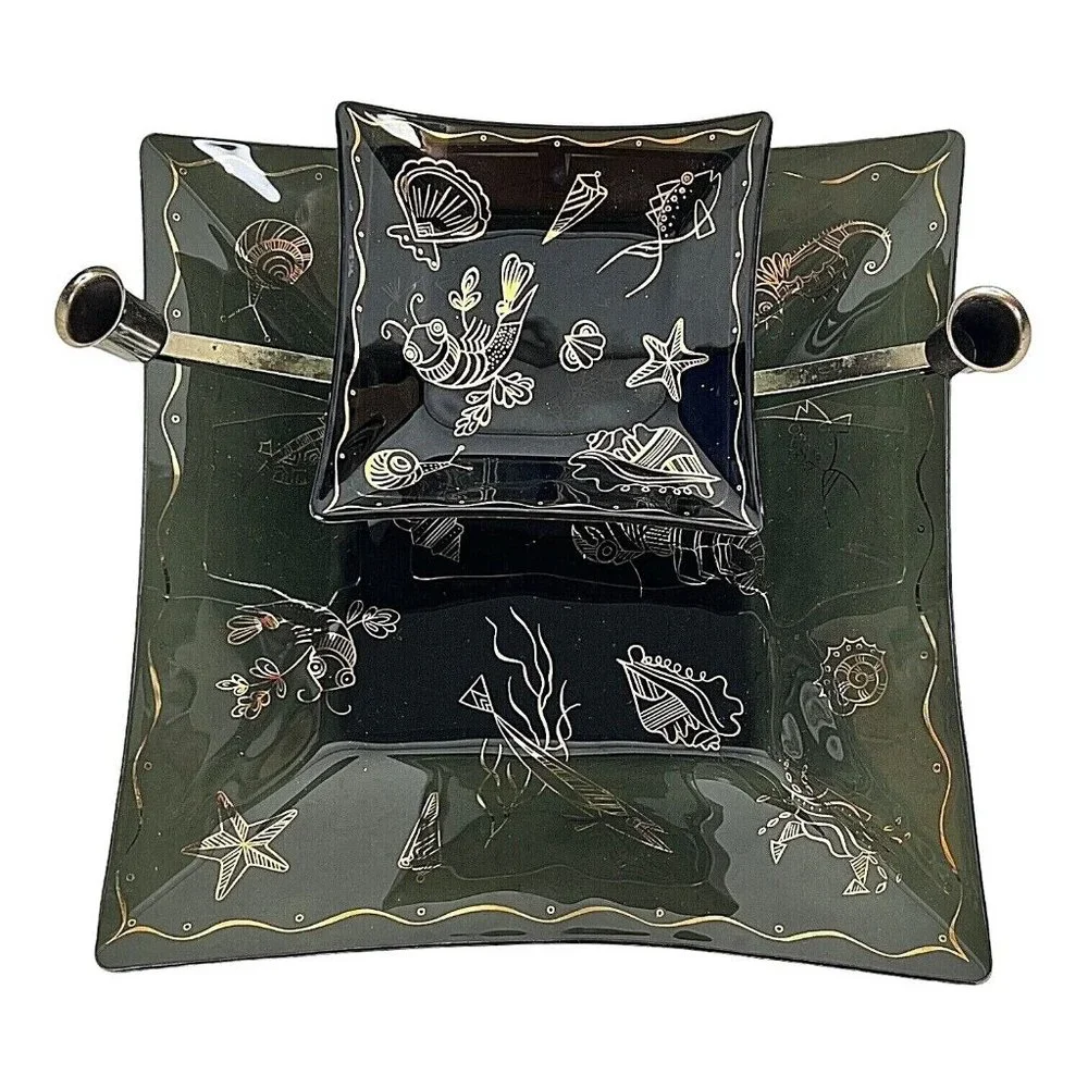 2 Tier Black Glass Tray Dish Gold Sea Creatures‎ Candle Holder MCM Chip Dip VTG